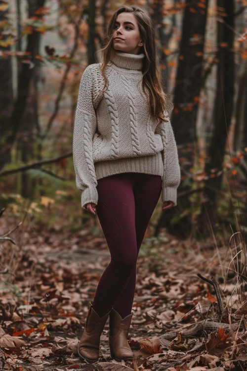 A woman wears short brown cowboy boots, leggings and a chunky sweater