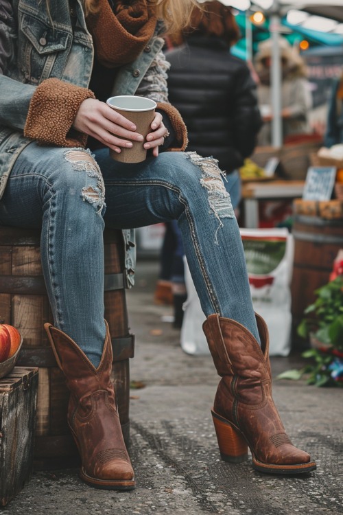 A woman wears short brown cowboy boots, ripped jeans and a denim jacket