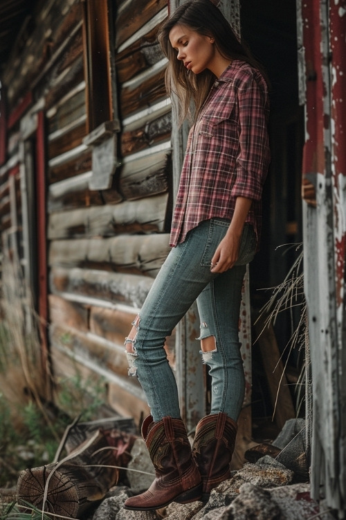 A woman wears short brown cowboy boots with a plaid shirt and ripped jeans