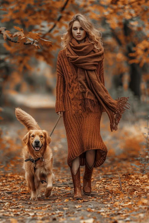 A woman wears short brown cowboy boots with a sweater dress and a scarf