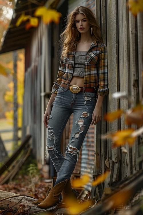 A woman wears short brown cowboy boots with distressed jeans, plaid shirt and a crop top