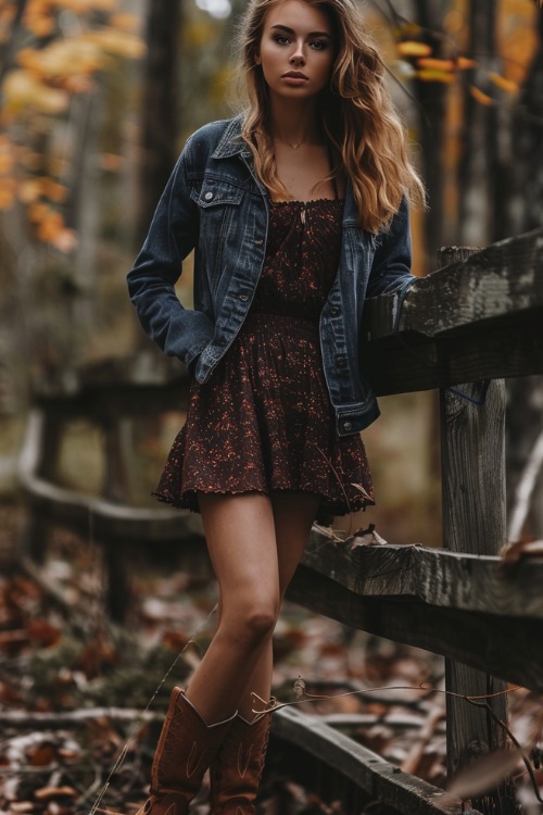 A woman wears short brown cowboy boots with floral dress and a denim jacket