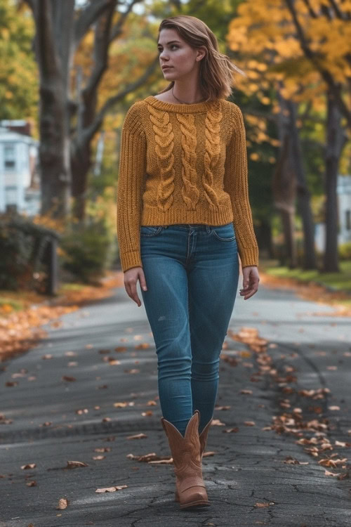 A woman wears short brown cowboy boots with jeans and a mustard sweater