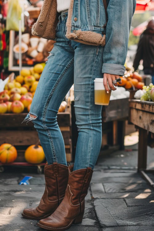 A woman wears short brown cowboy boots with jeans, denim jacket and a white shirt underneath