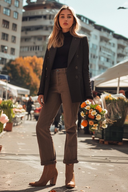 A woman wears short brown cowboy boots with paints, turtleneck and a blazer