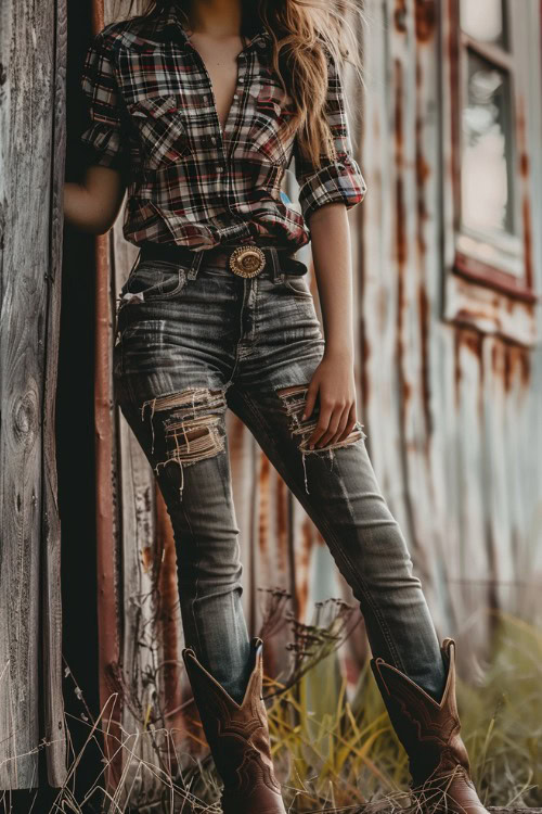 A woman wears short brown cowboy boots with ripped jeans and a plaid shirt