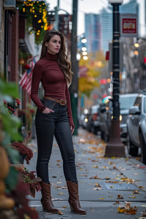 A woman wears short brown cowboy boots with skinny jeans, belt and a fitted top