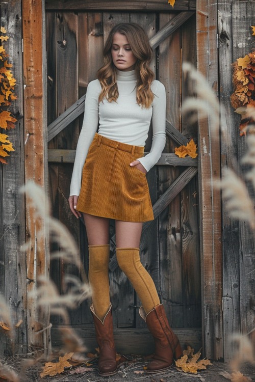 A woman wears short brown cowboy boots with tights, a skirt with a fitted turtleneck sweater