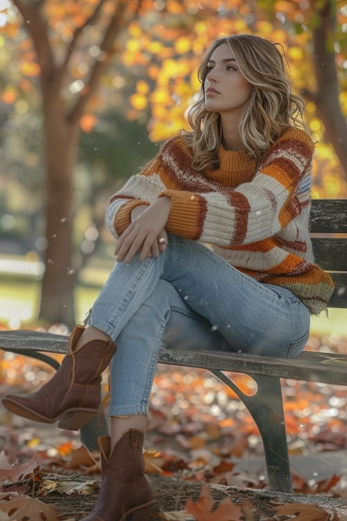 A woman wears short cowboy boots with jeans and a sweater