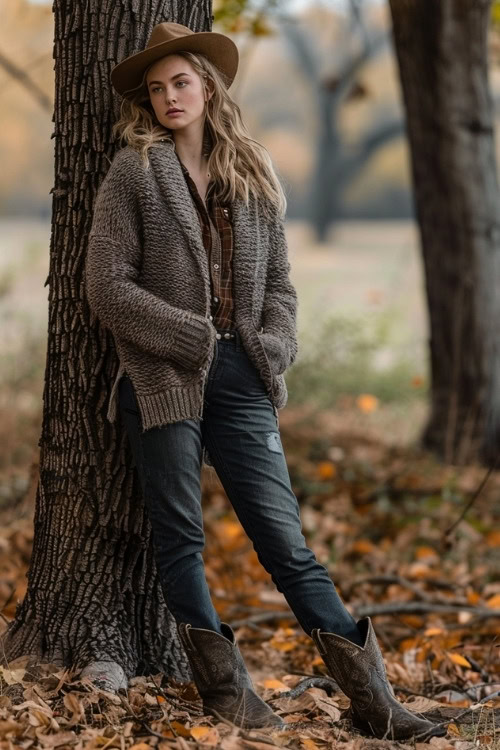 A woman wears short cowboy boots with jeans, cardigan and a shirt