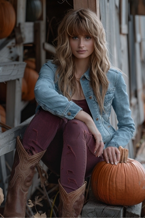 A woman wears short cowboy boots with leaggings and a denim jacket