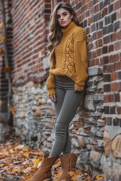 A woman wears short cowboy boots with yellow sweater, leggings