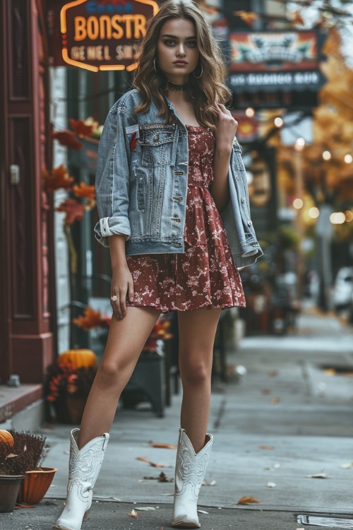 A woman wears short white cowboy boots, floral dress and a denim jacket