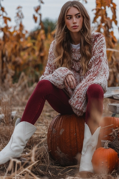 A woman wears short white cowboy boots with a sweater