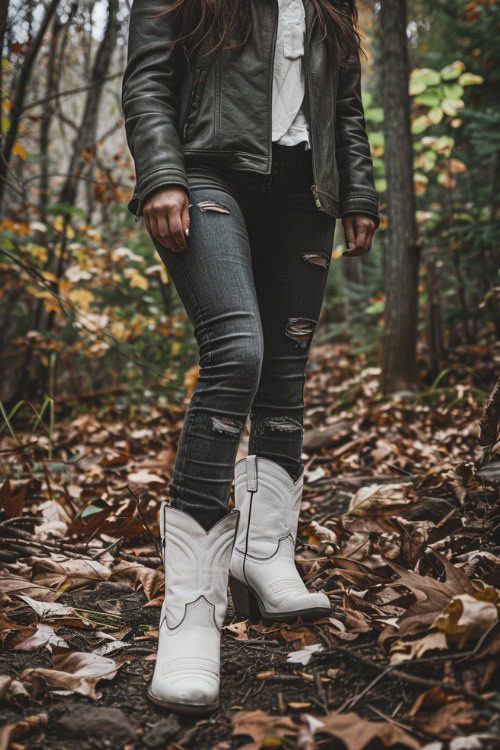 A woman wears short white cowboy boots with ripped jeans, leather jacket, and a white shirt