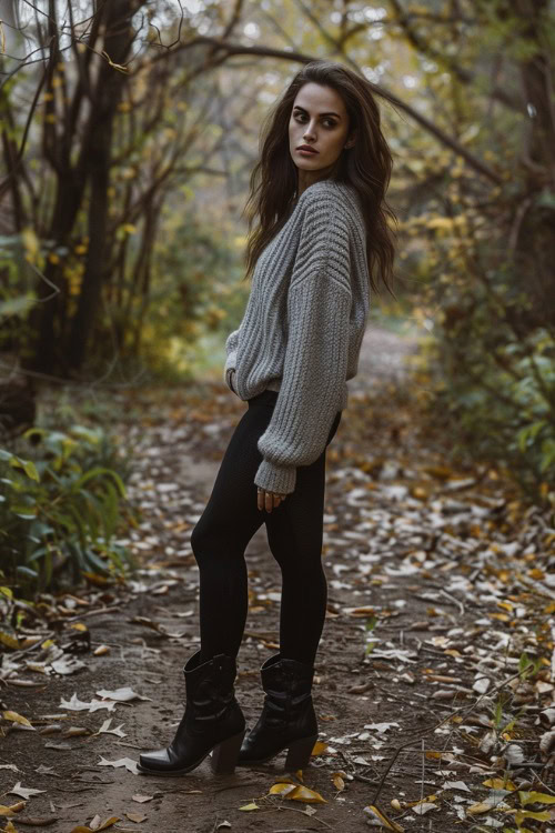 A woman wears sweater wit leggings and black short cowboy boots