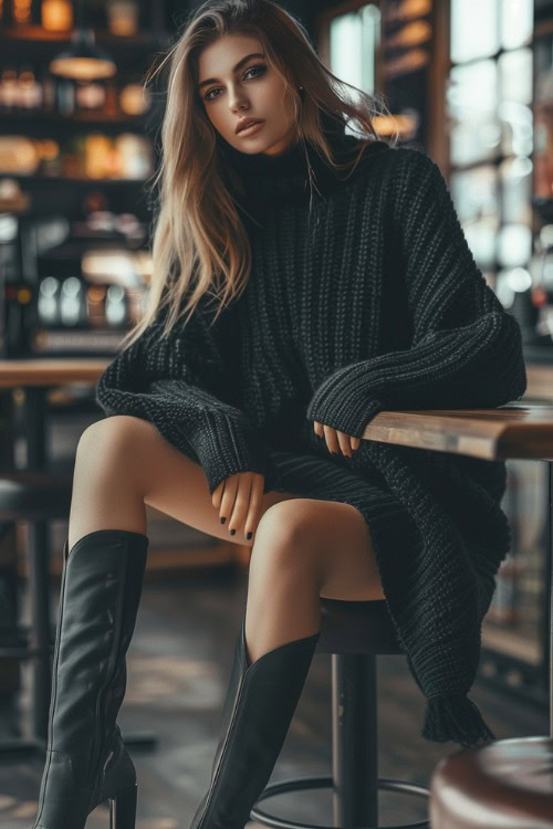 A woman wears tall black cowboy boots with a black sweater dress