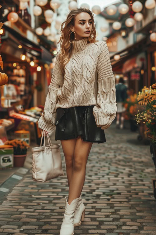 A woman wears white ankle cowboy boots with a black dress and a chunky sweater