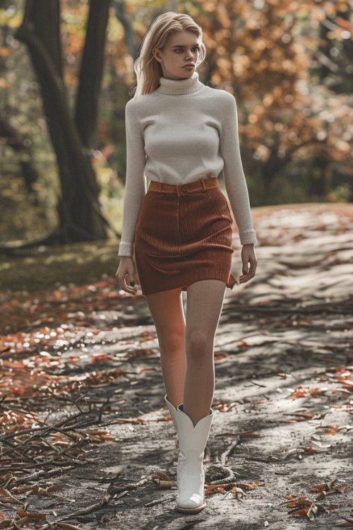 A woman wears white ankle cowboy boots with a brown skirt, a sweater