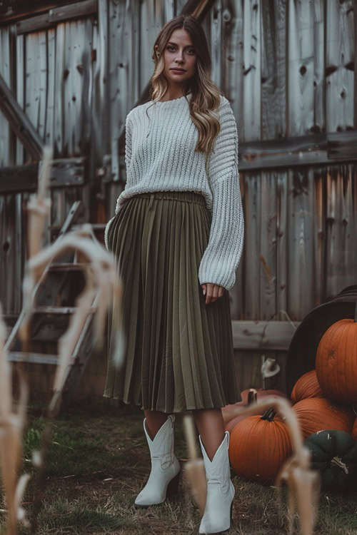 A woman wears white ankle cowboy boots with a midi green skirt and a sweater