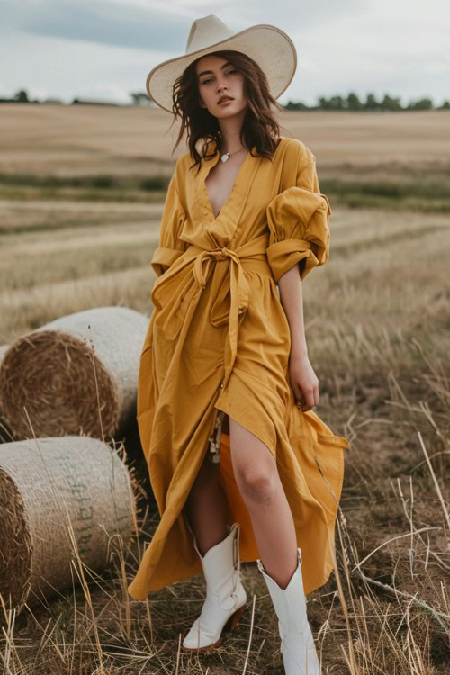 A woman wears white ankle cowboy boots with a yellow wrap dress