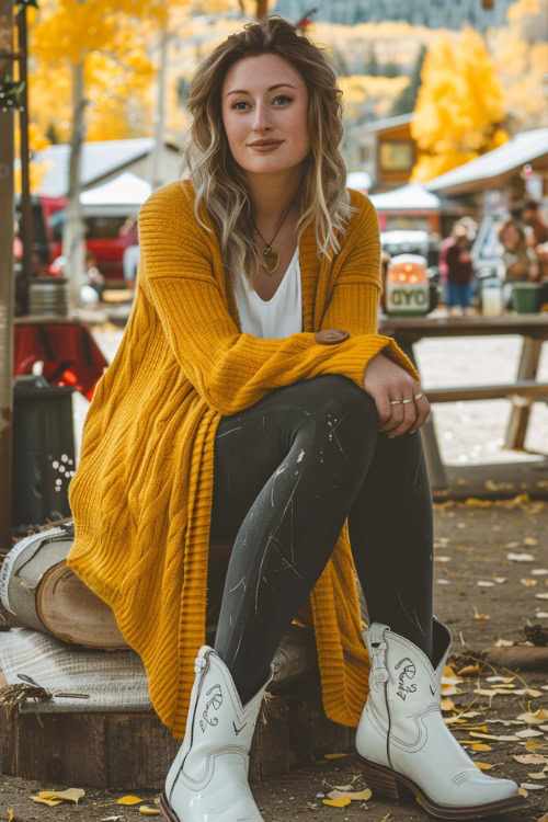 A woman wears white ankle cowboy boots with leggings, white top and long yellow cardigan