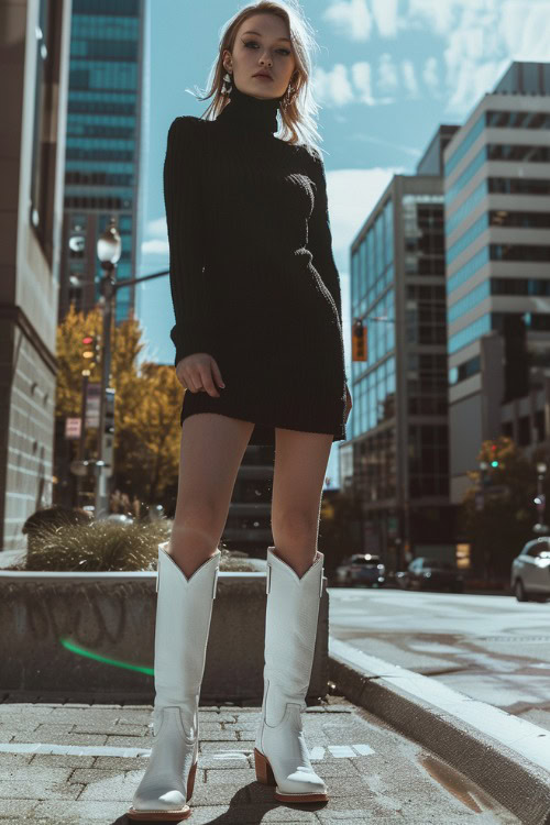 A woman wears white cowboy boots with a black sweater dress on the street