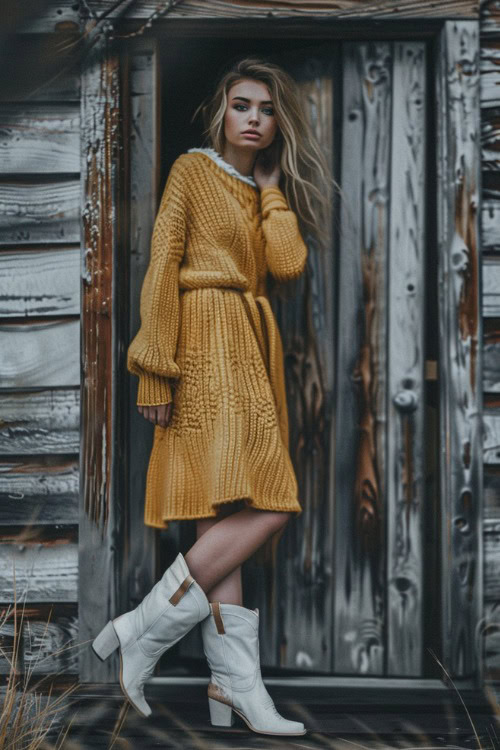 A woman wears white cowboy boots with a long yellow sweater dress