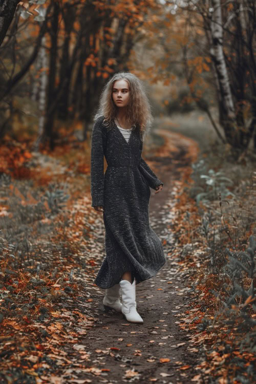 A woman wears white cowboy boots with a maxi black sweater dress