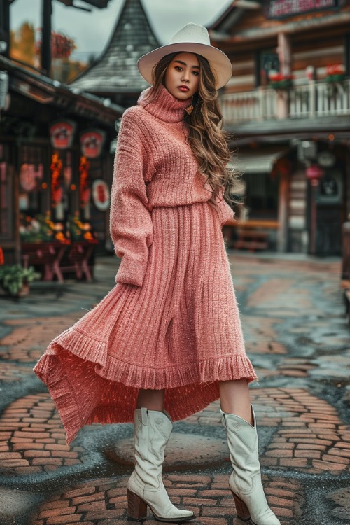 A woman wears white cowboy boots with a pink sweater dress (3)