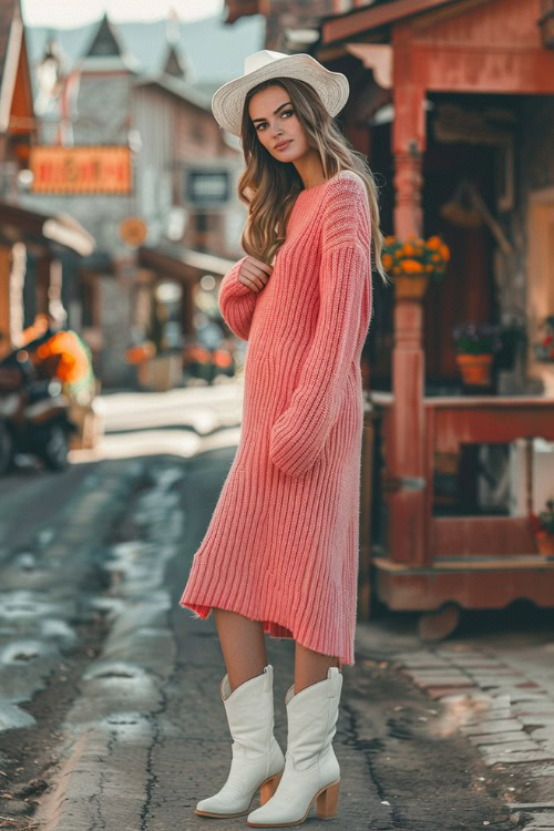 A woman wears white cowboy boots with a pink sweater dress