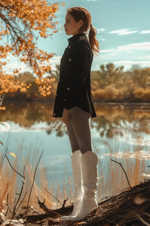 A woman wears white cowboy boots with leggings, black coat