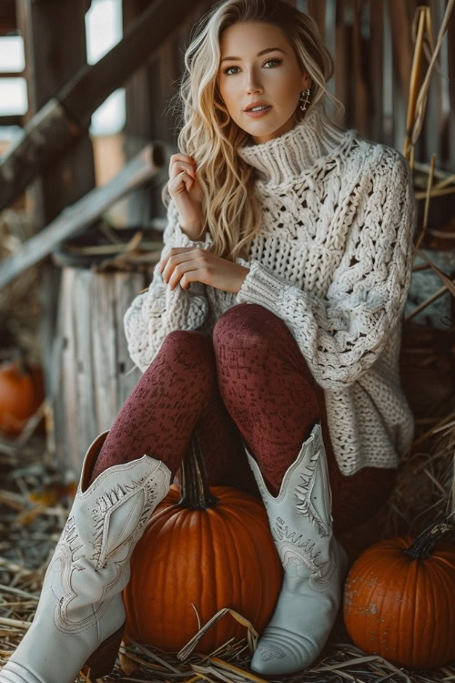 A woman wears white cowboy boots with red leggings and a sweater