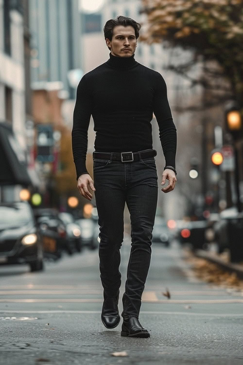 a man wears a black sweater, a black belt, jeans and black cowboy boots