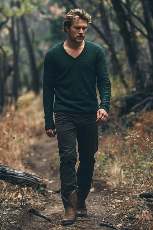 a man wears a dark green sweater, black pants, and brown ankle cowboy boots