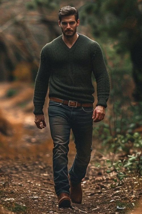 a man wears a dark green sweater, jeans, a brown belt and brown cowboy boots