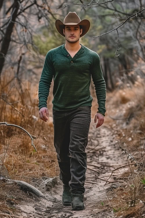 a man wears a green sweater, pants and black cowboy boots