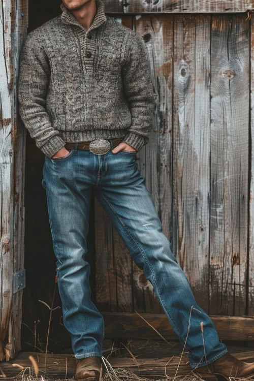 a man wears a grey sweater, blue jeans, a brown belt and brown cowboy boots