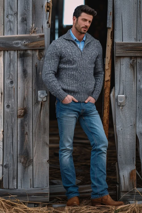 a man wears a grey sweater, blue jeans with brown cowboy boots