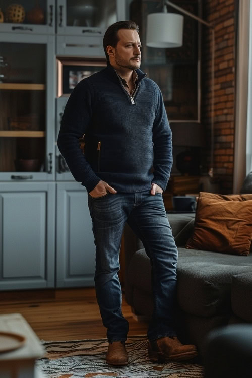 a man wears a navy sweater, blue jeans and brown cowboy boots