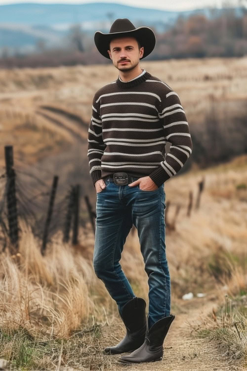 a man wears a striped sweater, blue jeans and black cowboy boots