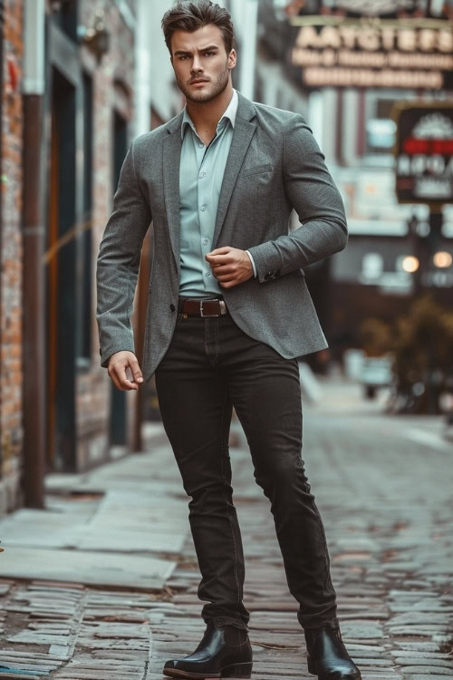 a man wears black cowboy boots, a grey blazer and black pants