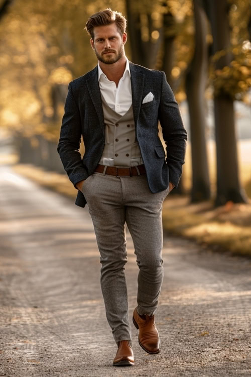 a man wears brown cowboy boots, a blazer and pants