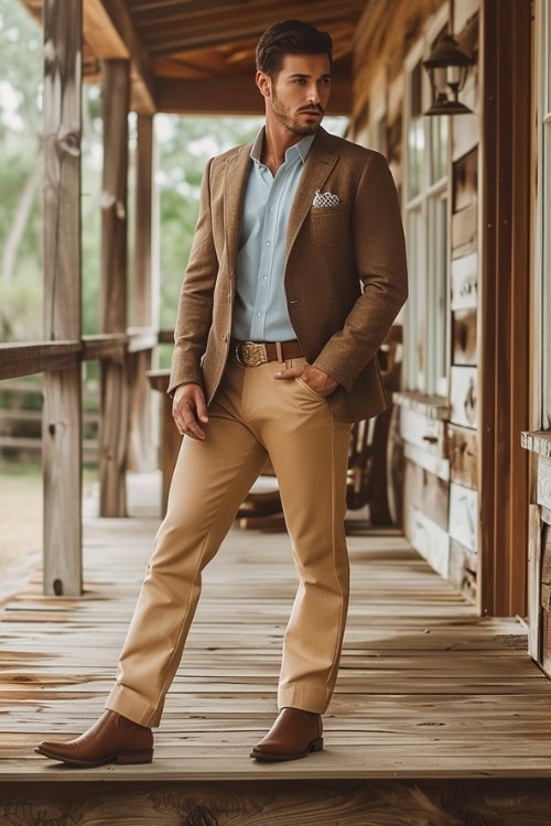 a man wears brown cowboy boots, a brown blazer, a blue shirt and brown pants