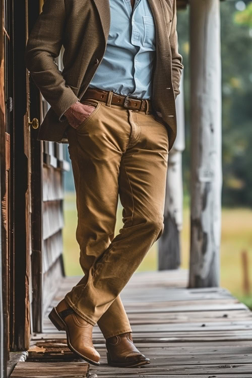 a man wears brown cowboy boots, a brown blazer and brown pants