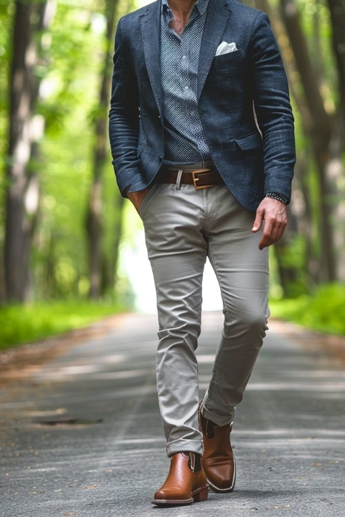 a man wears brown cowboy boots, a navy blazer and light grey pants