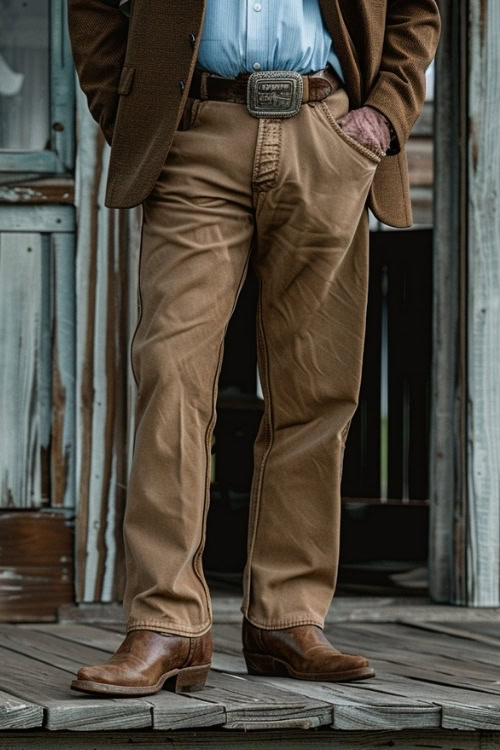 a man wears brown cowboy boots, a shirt, a blazer and khaki pants