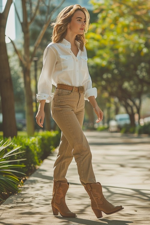 a man wears brown cowboy boots, a white shirt, with khaki pants