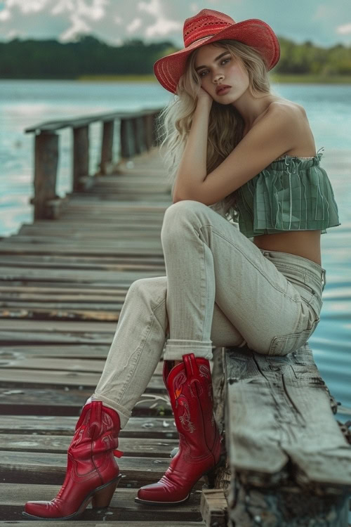 a man wears red cowboy boots, a crop top and white jeans