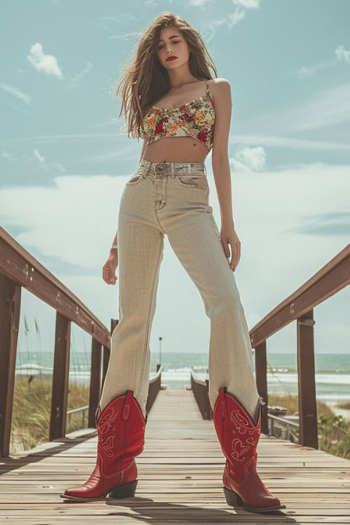 a man wears red cowboy boots, a floral top, and linen pants 